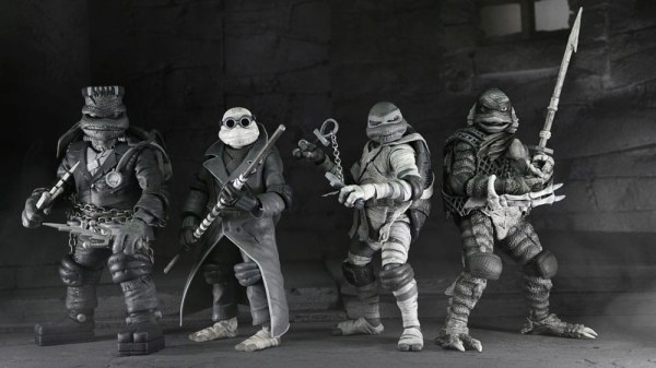 Universal Monsters x Teenage Mutant Ninja Turtles-pakket met 4 Turtles zwart-witte beeldjes van 18 cm