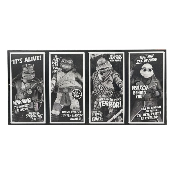 Universal Monsters x Teenage Mutant Ninja Turtles-pakket met 4 Turtles zwart-witte beeldjes van 18 cm