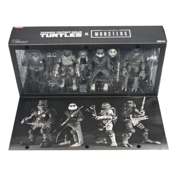 Universal Monsters x Teenage Mutant Ninja Turtles-pakket met 4 Turtles zwart-witte beeldjes van 18 cm