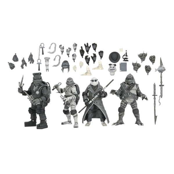 Universal Monsters x Teenage Mutant Ninja Turtles-pakket met 4 Turtles zwart-witte beeldjes van 18 cm