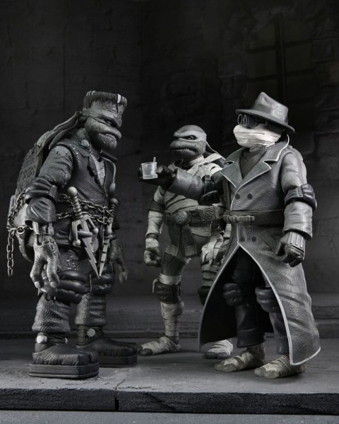 Universal Monsters x Teenage Mutant Ninja Turtles-pakket met 4 Turtles zwart-witte beeldjes van 18 cm